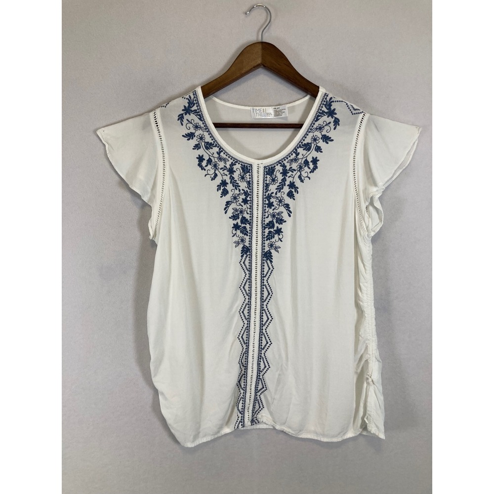 Boho Time and Tru Women XXL White Blue Embroidered Flutter Sleeve Peasant Top